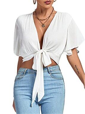 White Wrap Crop Top Deep V Neck Tie Front Bell Sleeve Ruffle Blouse Medium
